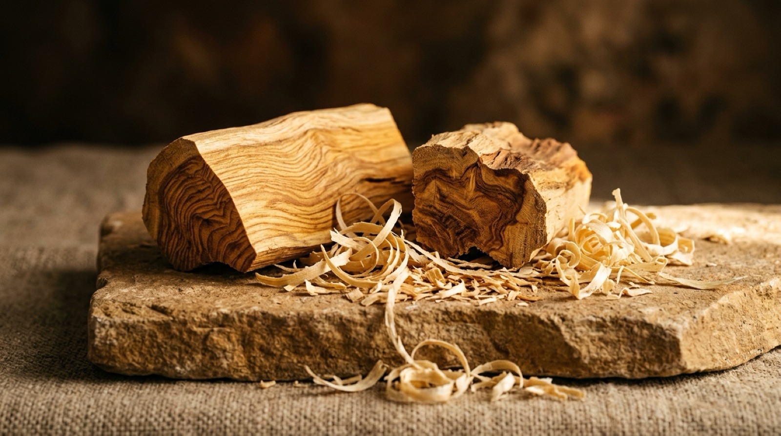 Copeaux de bois de santal clair et morceaux de cœur de tronc sur une pierre chaude.