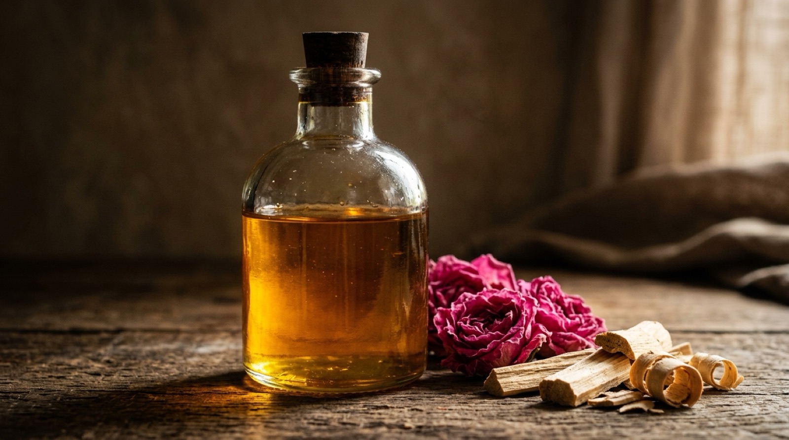 Un flacon de verre au liquide doré épais posé près de copeaux de santal et de fleurs de rose séchées.