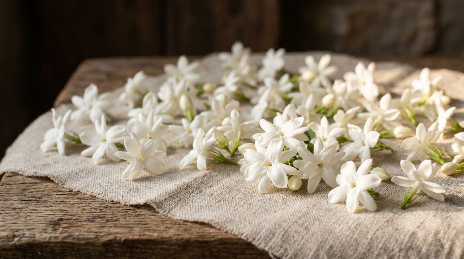 Fleurs de jasmin blanches étalées sur un linge de lin écru, à la lumière rasante.
