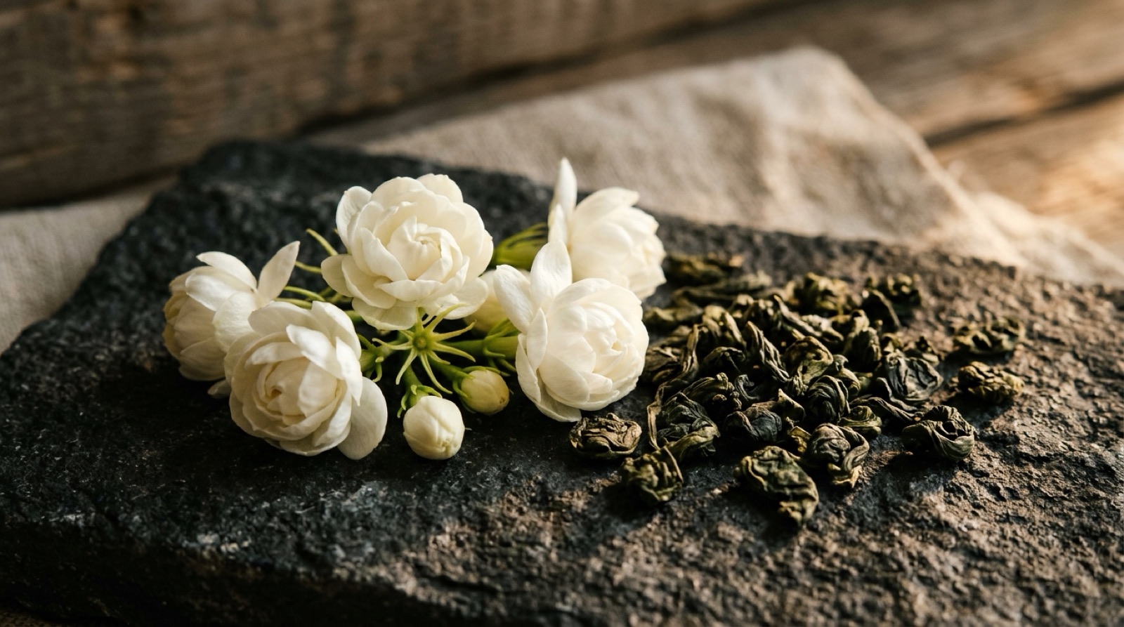 Fleurs de jasmin sambac blanches et feuilles de thé vert sur une pierre sombre.