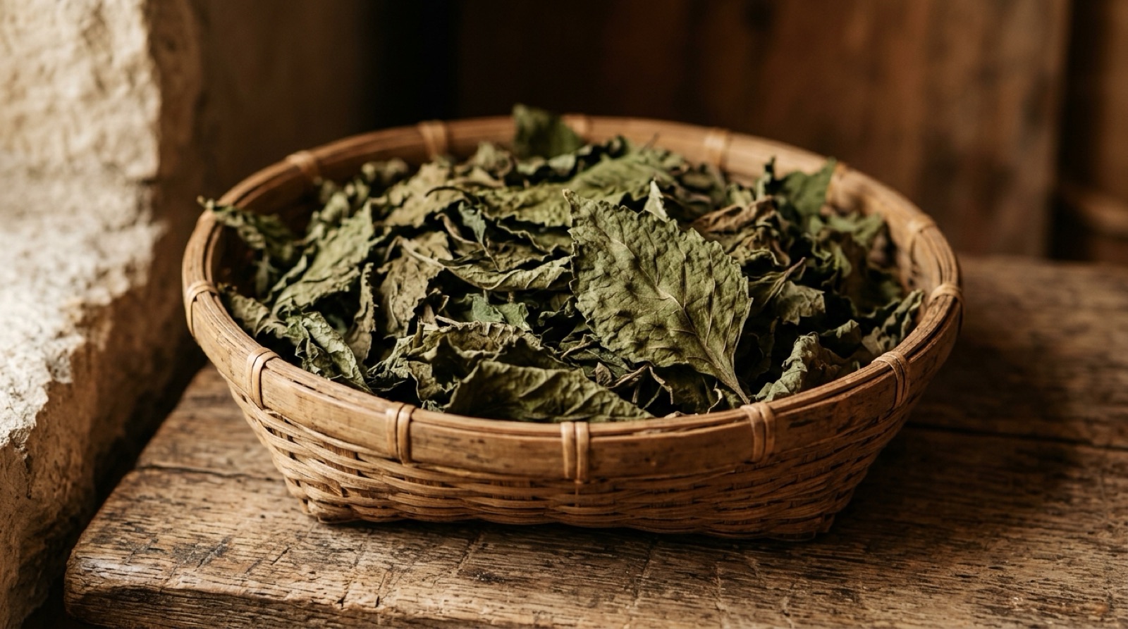 Feuilles de patchouli séchées et froissées, brun vert, dans un panier tressé.