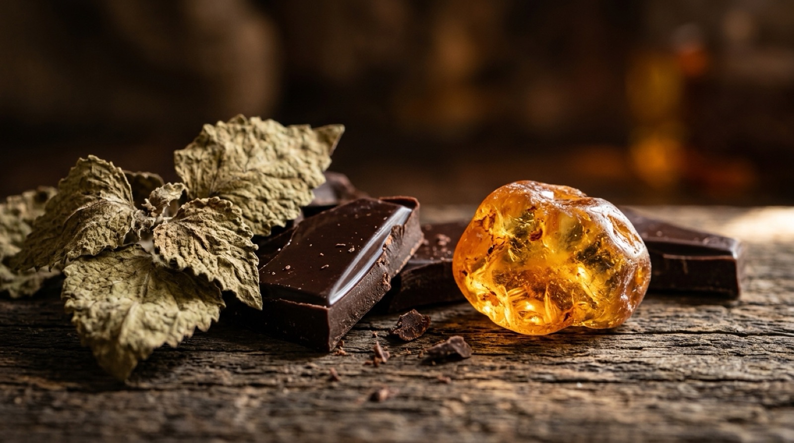 Feuilles de patchouli séchées à côté d'éclats de chocolat noir et d'un morceau de résine ambrée.