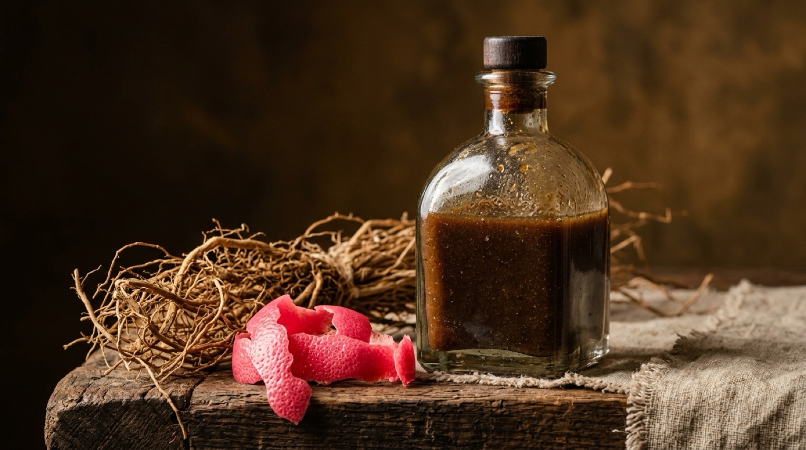 Un flacon de verre au liquide brun épais posé près de racines de vétiver et de zestes de pamplemousse.