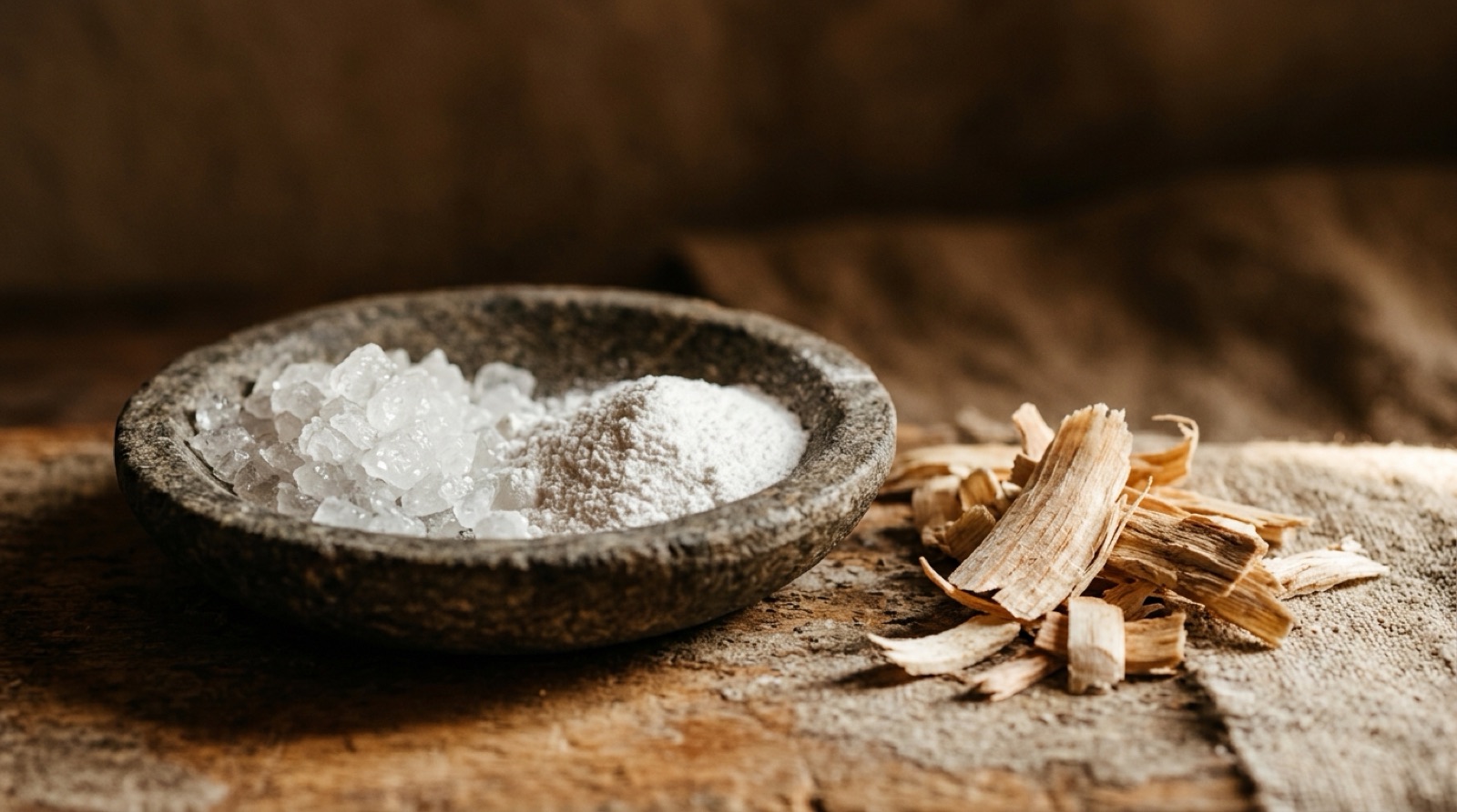 Cristaux blancs translucides et copeaux de bois clair disposés sur une pierre claire.