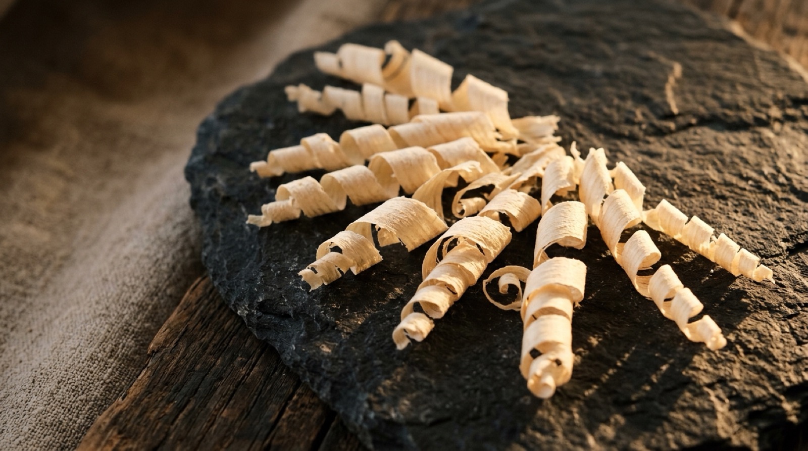 Copeaux de bois clair très secs et fins, disposés en éventail sur une pierre sombre.