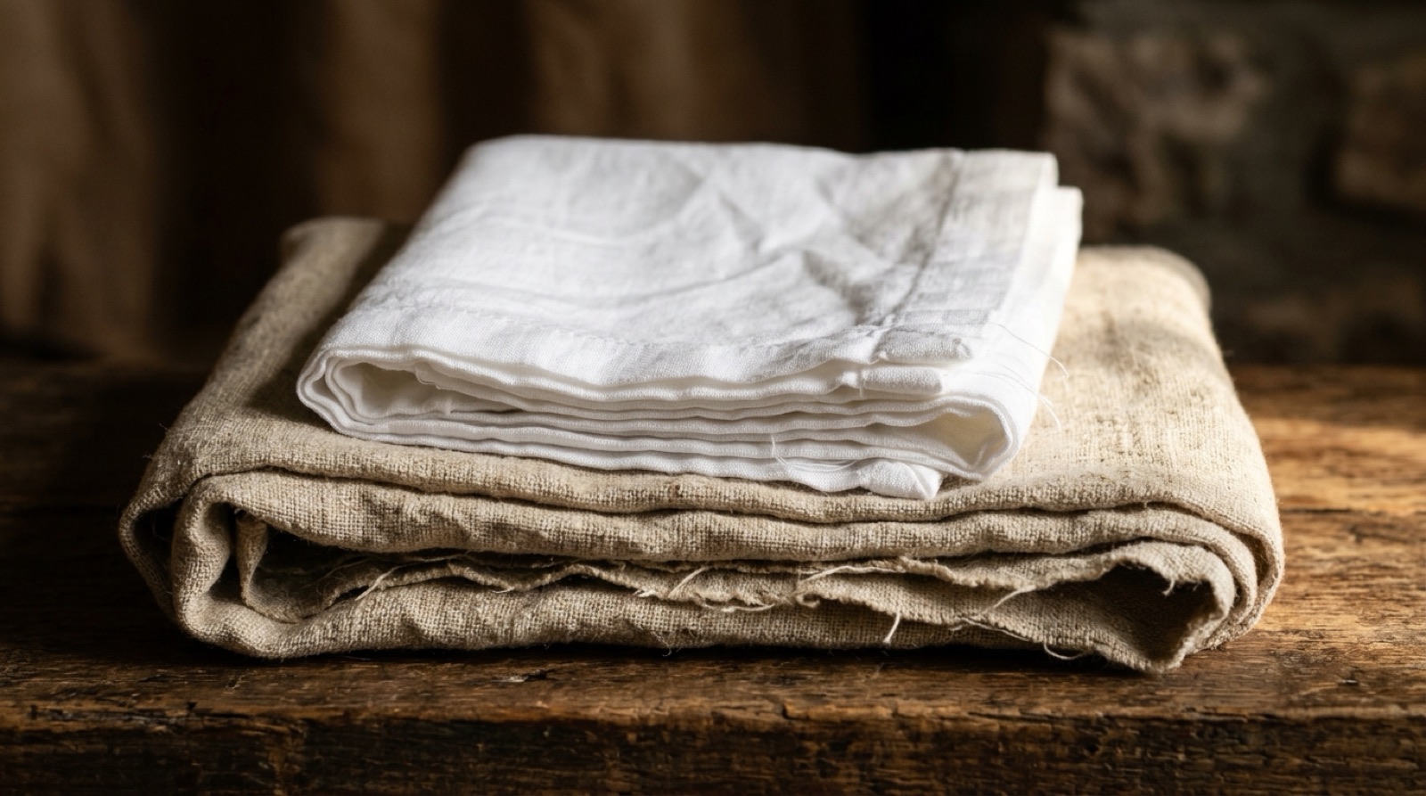 Linge de coton blanc plié et lin écru superposés, à la lumière rasante.