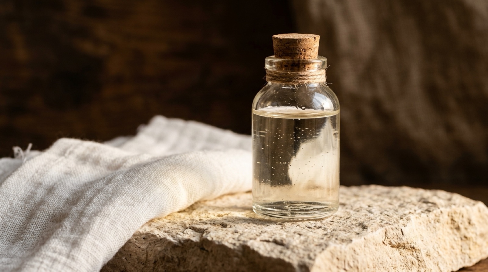 Un flacon de verre sans étiquette au liquide très pâle, posé près d'un tissu de coton blanc.