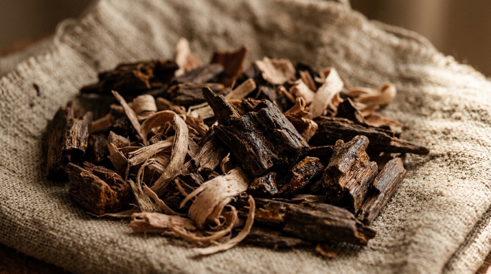 Éclats de bois de oud sombre et copeaux de santal clair.