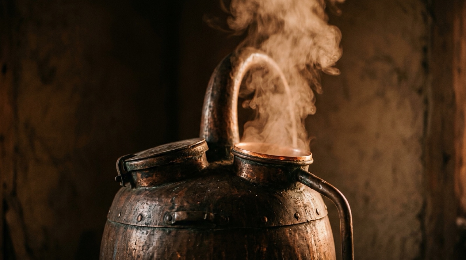 Vapeur s'élevant au-dessus d'un alambic de cuivre patiné.