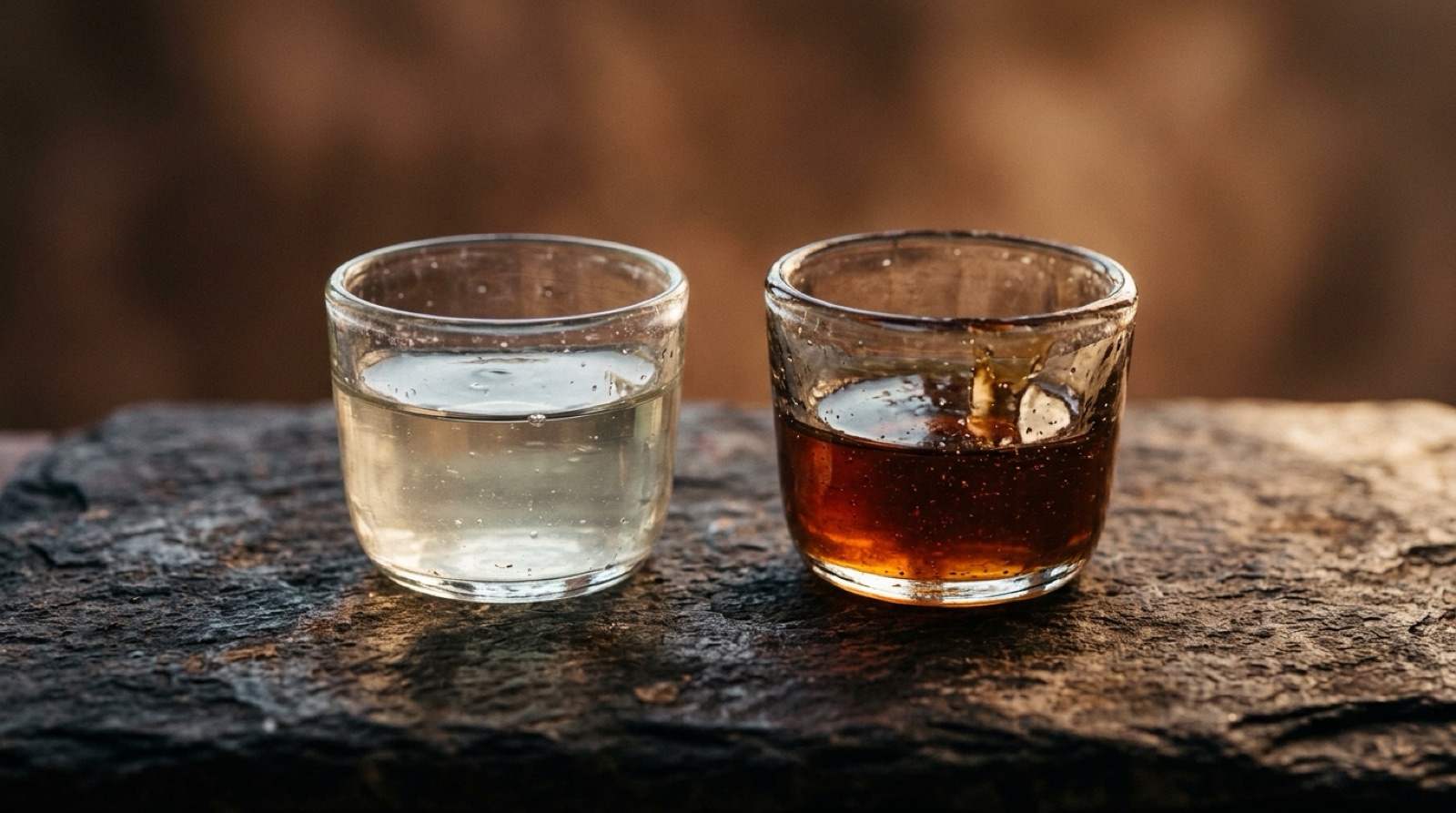 Deux coupelles de verre, l'une au liquide pâle, l'autre au liquide ambré épais.