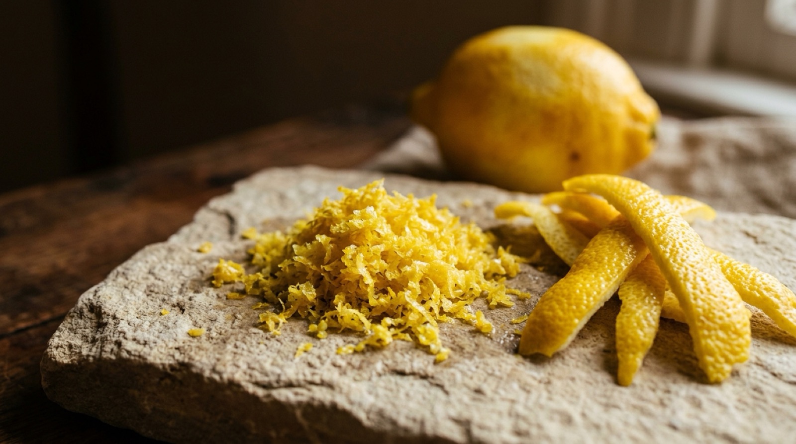 Zeste de citron fraîchement râpé et lanières d'écorce sur une pierre claire.