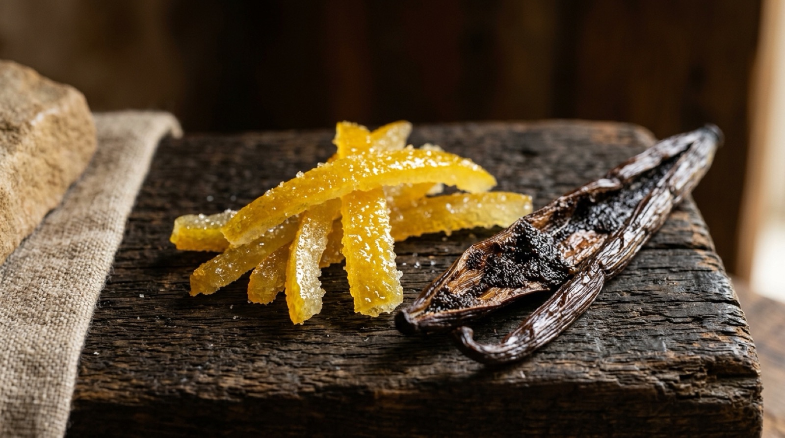 Zestes de citron confits brillants posés près d'une gousse de vanille.