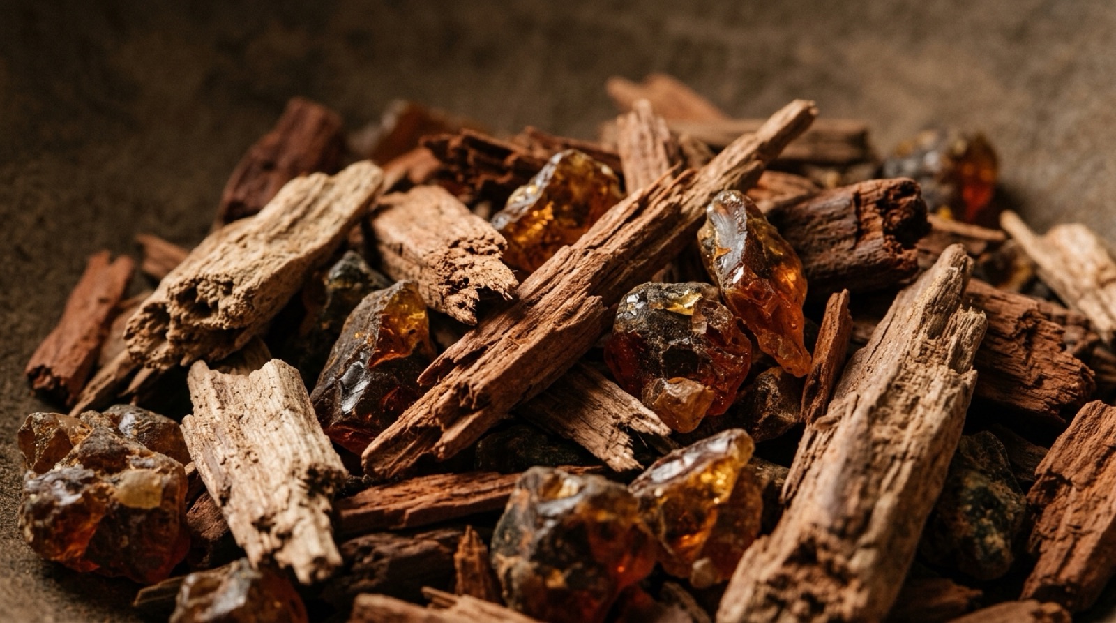 Copeaux de bois de santal et éclats de résine ambrée.