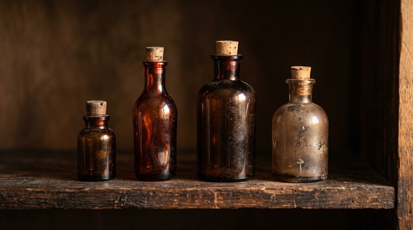 Quatre flacons de verre sans étiquette, de tailles et teintes différentes.